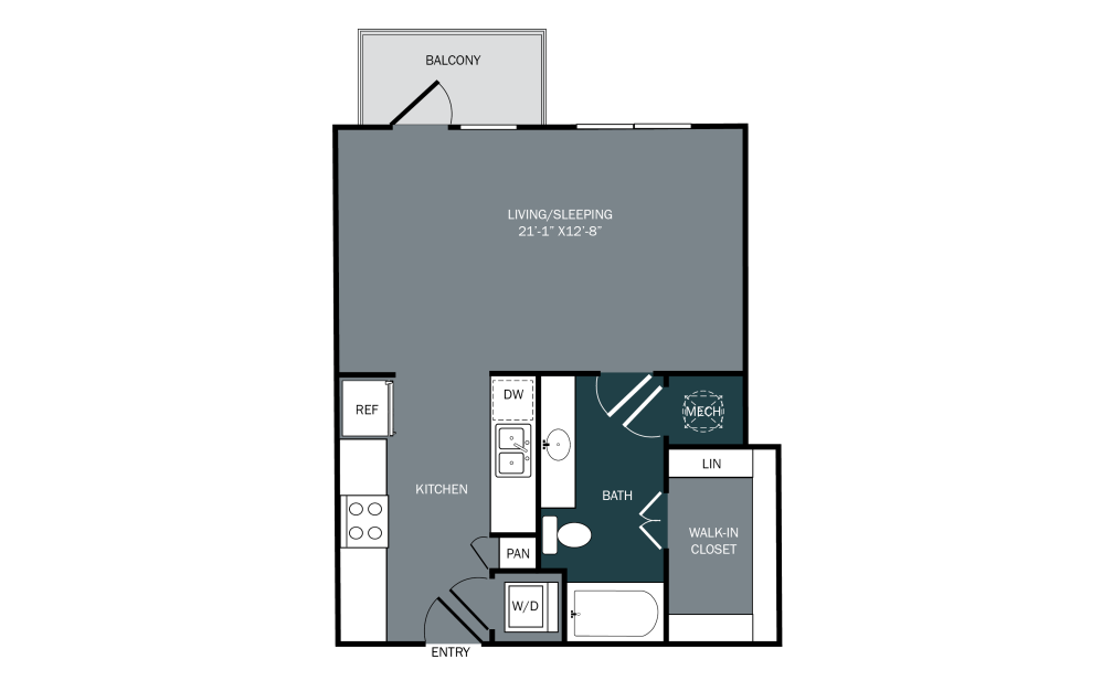 S4 - Studio floorplan layout with 1 bath and 638 square feet.